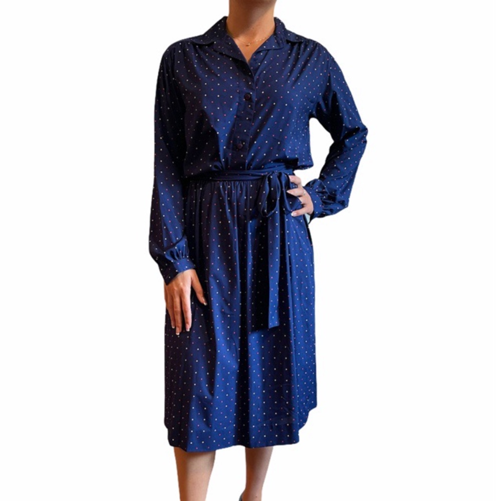 70’s Vintage Halston Navy Polka Dot Skirt Suit Set - Picture 2 of 11